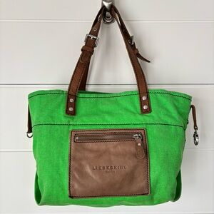 Liebeskind Canvas Tote Neon Green with Brown Leather Trim